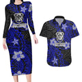 Personalised Canterbury-Bankstown Bulldogs Couples Matching Long Sleeve Bodycon Dress and Hawaiian Shirt Polynesian Tribal Pattern With Rugby Bulldog Mascot Art