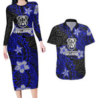 Personalised Canterbury-Bankstown Bulldogs Couples Matching Long Sleeve Bodycon Dress and Hawaiian Shirt Polynesian Tribal Pattern With Rugby Bulldog Mascot Art