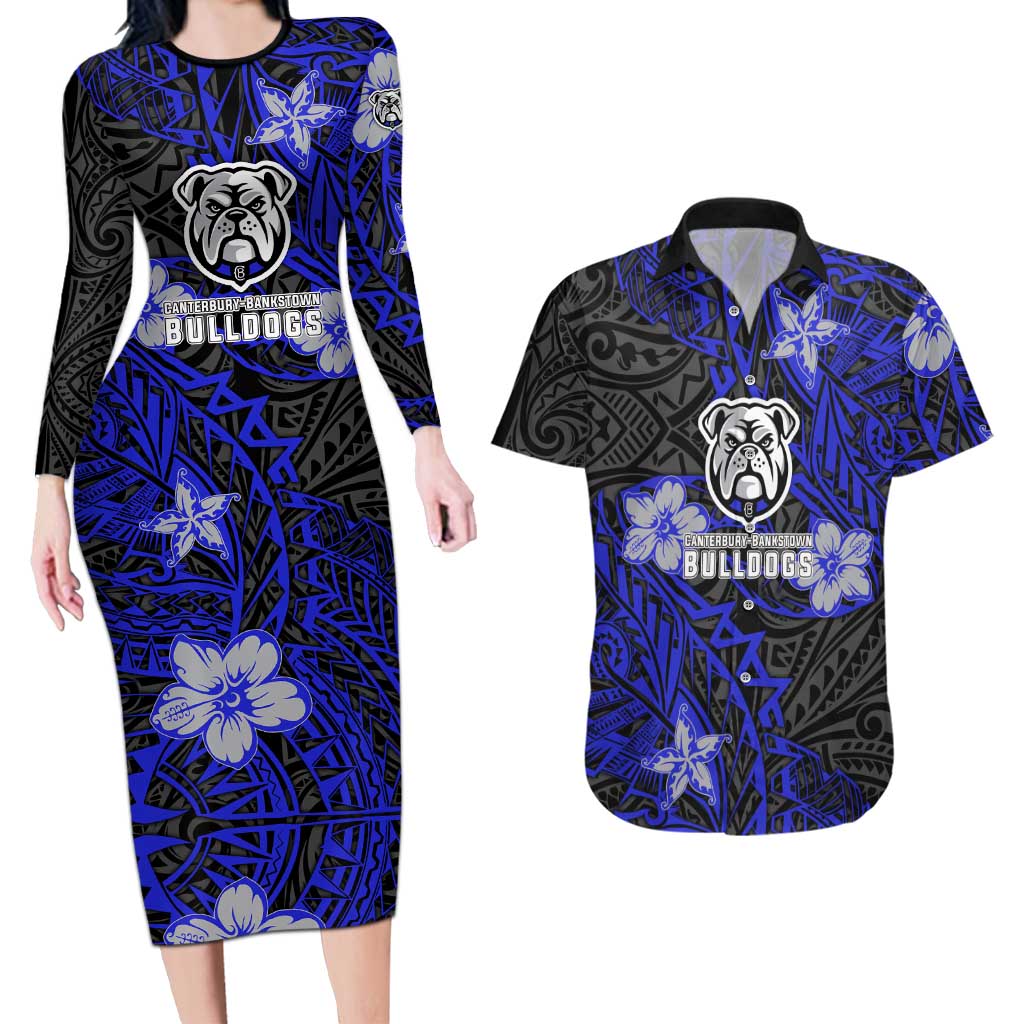 Personalised Canterbury-Bankstown Bulldogs Couples Matching Long Sleeve Bodycon Dress and Hawaiian Shirt Polynesian Tribal Pattern With Rugby Bulldog Mascot Art