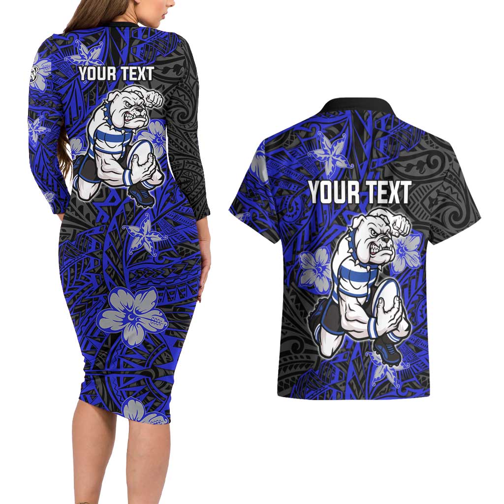 Personalised Canterbury-Bankstown Bulldogs Couples Matching Long Sleeve Bodycon Dress and Hawaiian Shirt Polynesian Tribal Pattern With Rugby Bulldog Mascot Art