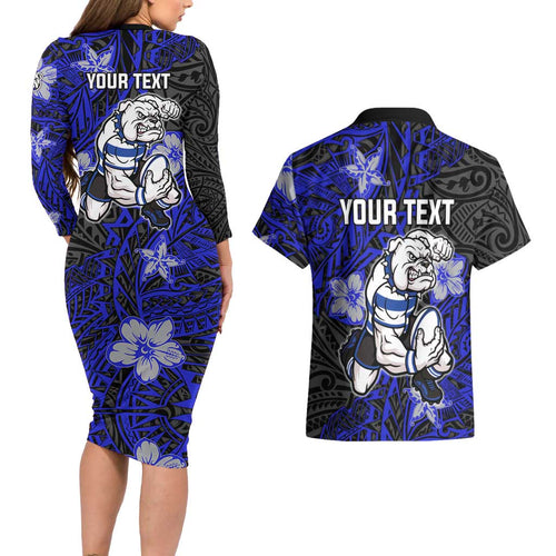 Personalised Canterbury-Bankstown Bulldogs Couples Matching Long Sleeve Bodycon Dress and Hawaiian Shirt Polynesian Tribal Pattern With Rugby Bulldog Mascot Art