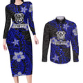 Personalised Canterbury-Bankstown Bulldogs Couples Matching Long Sleeve Bodycon Dress and Long Sleeve Button Shirt Polynesian Tribal Pattern With Rugby Bulldog Mascot Art