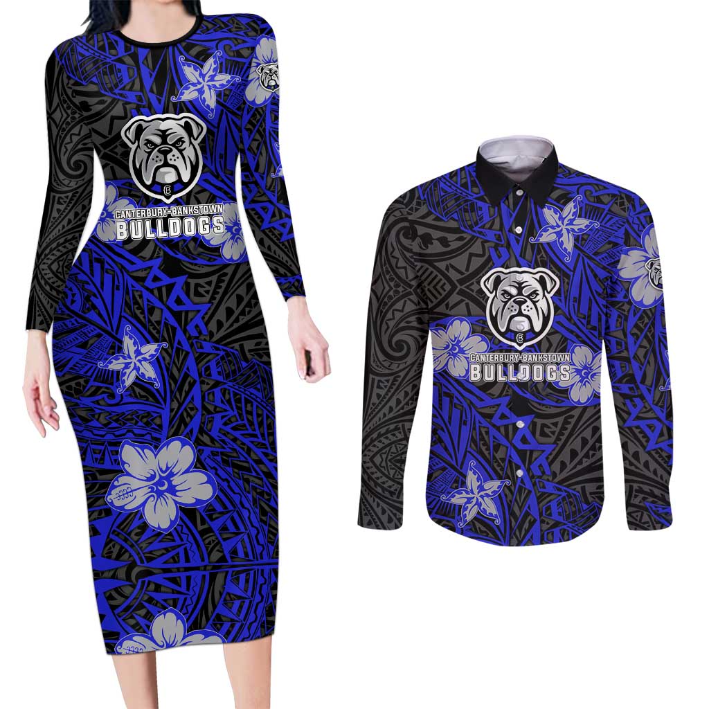 Personalised Canterbury-Bankstown Bulldogs Couples Matching Long Sleeve Bodycon Dress and Long Sleeve Button Shirt Polynesian Tribal Pattern With Rugby Bulldog Mascot Art