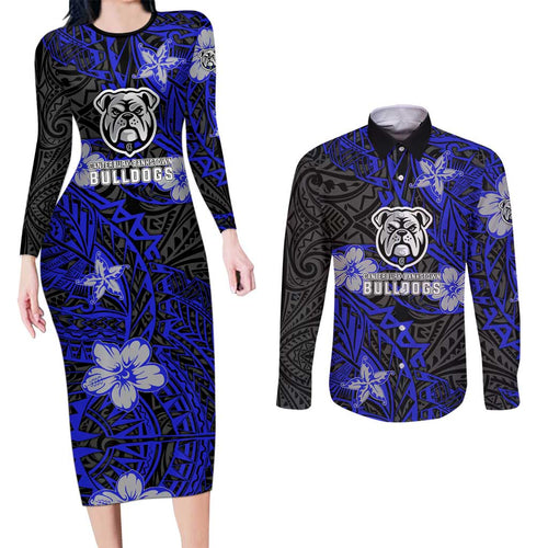 Personalised Canterbury-Bankstown Bulldogs Couples Matching Long Sleeve Bodycon Dress and Long Sleeve Button Shirt Polynesian Tribal Pattern With Rugby Bulldog Mascot Art