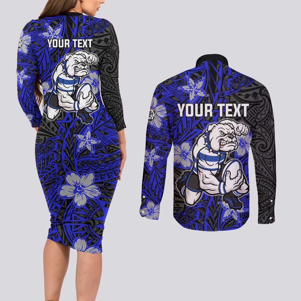 Personalised Canterbury-Bankstown Bulldogs Couples Matching Long Sleeve Bodycon Dress and Long Sleeve Button Shirt Polynesian Tribal Pattern With Rugby Bulldog Mascot Art