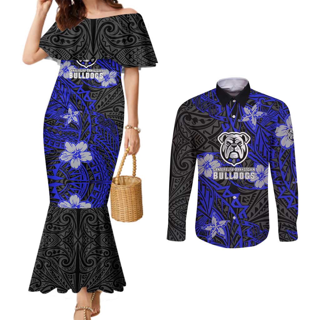 Personalised Canterbury-Bankstown Bulldogs Couples Matching Mermaid Dress and Long Sleeve Button Shirt Polynesian Tribal Pattern With Rugby Bulldog Mascot Art