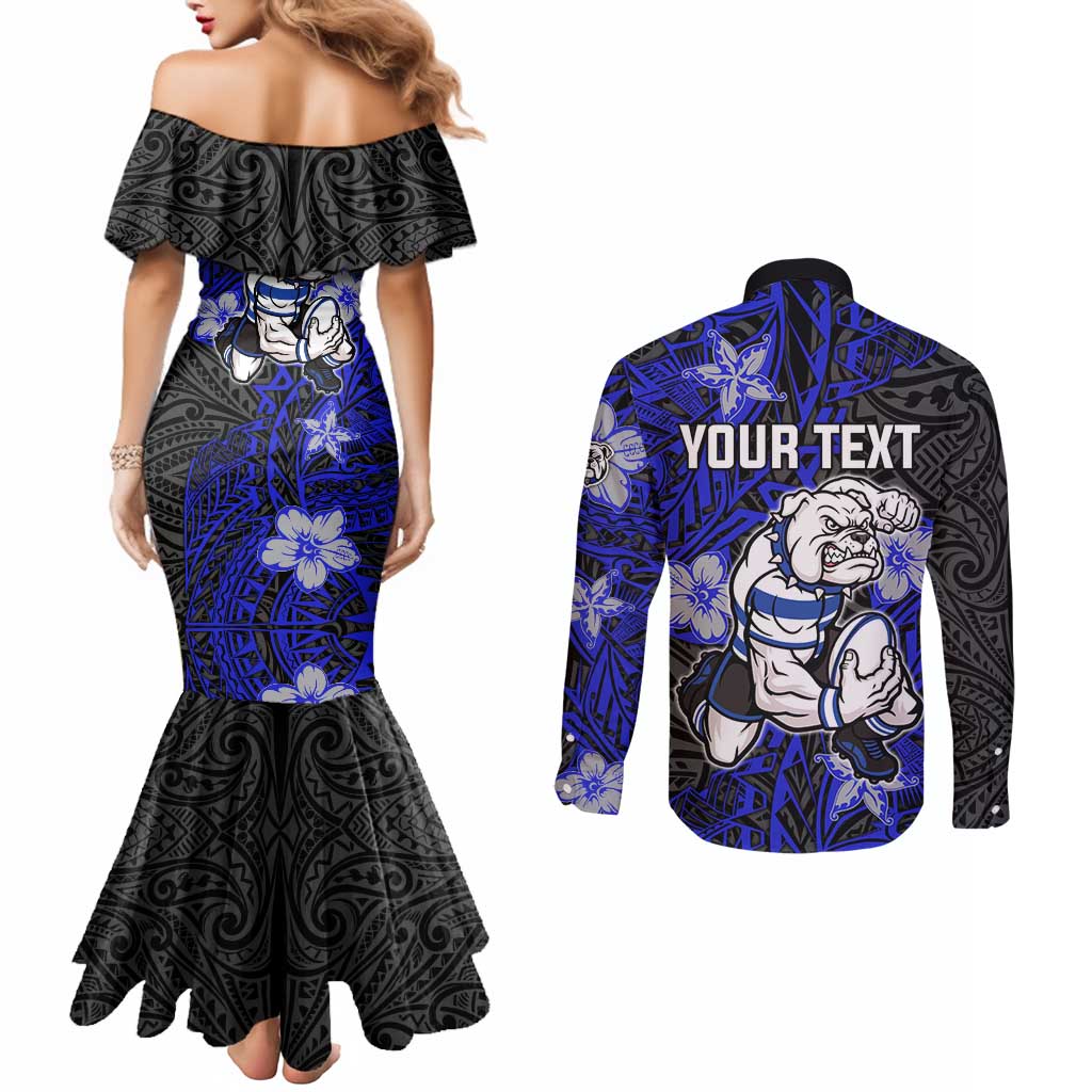 Personalised Canterbury-Bankstown Bulldogs Couples Matching Mermaid Dress and Long Sleeve Button Shirt Polynesian Tribal Pattern With Rugby Bulldog Mascot Art