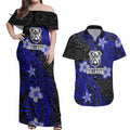 Personalised Canterbury-Bankstown Bulldogs Couples Matching Off Shoulder Maxi Dress and Hawaiian Shirt Polynesian Tribal Pattern With Rugby Bulldog Mascot Art