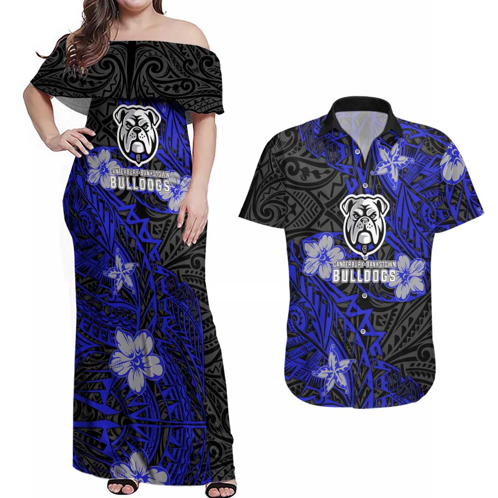 Personalised Canterbury-Bankstown Bulldogs Couples Matching Off Shoulder Maxi Dress and Hawaiian Shirt Polynesian Tribal Pattern With Rugby Bulldog Mascot Art