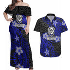 Personalised Canterbury-Bankstown Bulldogs Couples Matching Off Shoulder Maxi Dress and Hawaiian Shirt Polynesian Tribal Pattern With Rugby Bulldog Mascot Art