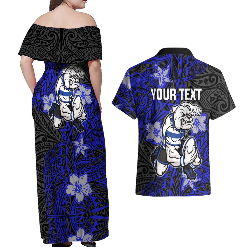 Personalised Canterbury-Bankstown Bulldogs Couples Matching Off Shoulder Maxi Dress and Hawaiian Shirt Polynesian Tribal Pattern With Rugby Bulldog Mascot Art