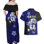 Personalised Canterbury-Bankstown Bulldogs Couples Matching Off Shoulder Maxi Dress and Hawaiian Shirt Polynesian Tribal Pattern With Rugby Bulldog Mascot Art