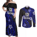 Personalised Canterbury-Bankstown Bulldogs Couples Matching Off Shoulder Maxi Dress and Long Sleeve Button Shirt Polynesian Tribal Pattern With Rugby Bulldog Mascot Art