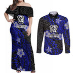 Personalised Canterbury-Bankstown Bulldogs Couples Matching Off Shoulder Maxi Dress and Long Sleeve Button Shirt Polynesian Tribal Pattern With Rugby Bulldog Mascot Art