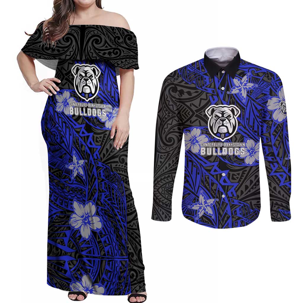 Personalised Canterbury-Bankstown Bulldogs Couples Matching Off Shoulder Maxi Dress and Long Sleeve Button Shirt Polynesian Tribal Pattern With Rugby Bulldog Mascot Art