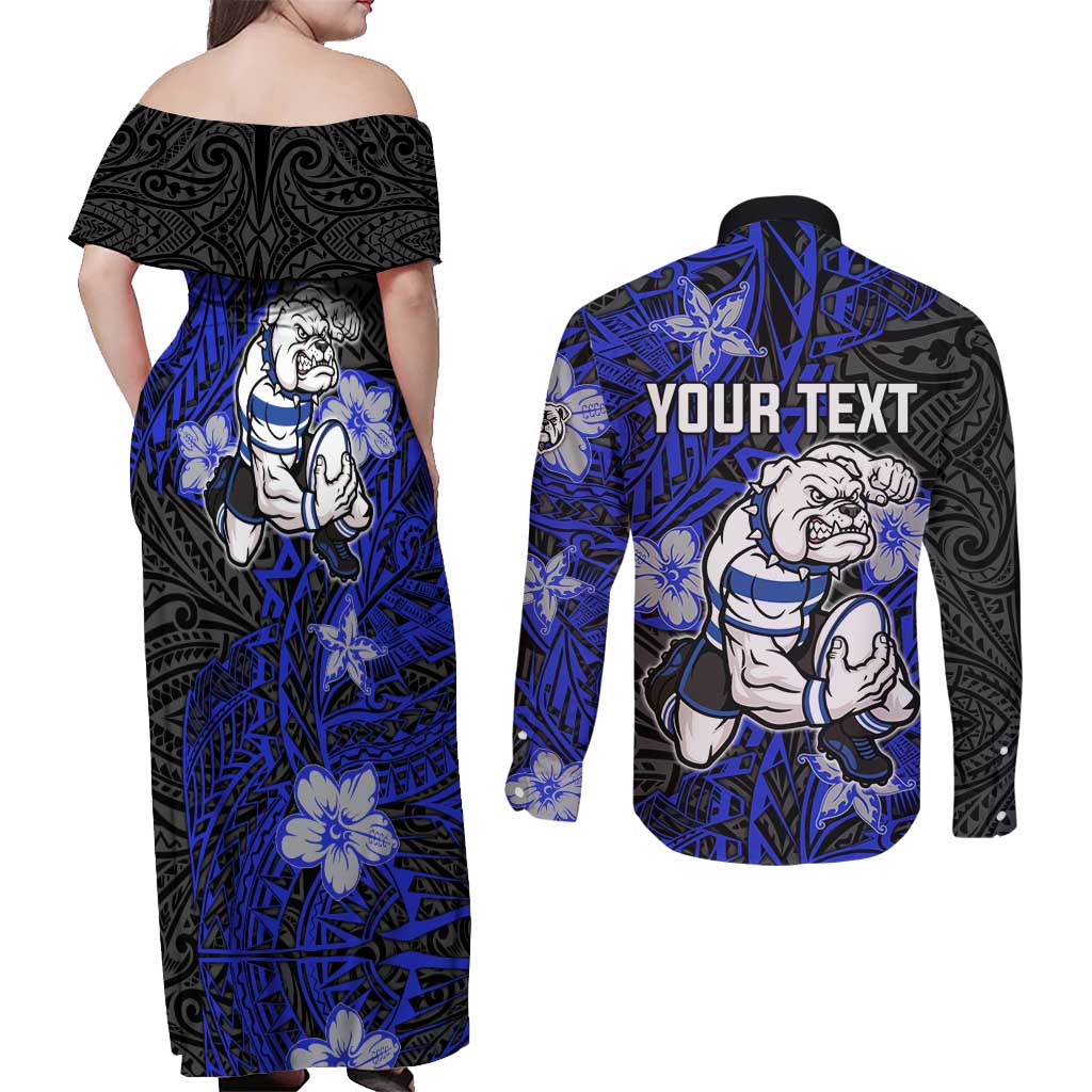 Personalised Canterbury-Bankstown Bulldogs Couples Matching Off Shoulder Maxi Dress and Long Sleeve Button Shirt Polynesian Tribal Pattern With Rugby Bulldog Mascot Art