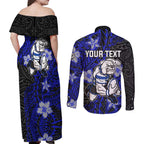 Personalised Canterbury-Bankstown Bulldogs Couples Matching Off Shoulder Maxi Dress and Long Sleeve Button Shirt Polynesian Tribal Pattern With Rugby Bulldog Mascot Art