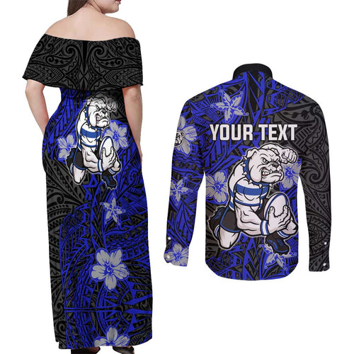 Personalised Canterbury-Bankstown Bulldogs Couples Matching Off Shoulder Maxi Dress and Long Sleeve Button Shirt Polynesian Tribal Pattern With Rugby Bulldog Mascot Art