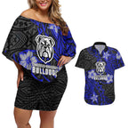 Personalised Canterbury-Bankstown Bulldogs Couples Matching Off Shoulder Short Dress and Hawaiian Shirt Polynesian Tribal Pattern With Rugby Bulldog Mascot Art