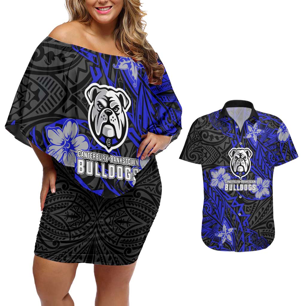 Personalised Canterbury-Bankstown Bulldogs Couples Matching Off Shoulder Short Dress and Hawaiian Shirt Polynesian Tribal Pattern With Rugby Bulldog Mascot Art