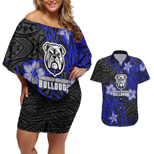 Personalised Canterbury-Bankstown Bulldogs Couples Matching Off Shoulder Short Dress and Hawaiian Shirt Polynesian Tribal Pattern With Rugby Bulldog Mascot Art