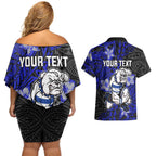 Personalised Canterbury-Bankstown Bulldogs Couples Matching Off Shoulder Short Dress and Hawaiian Shirt Polynesian Tribal Pattern With Rugby Bulldog Mascot Art