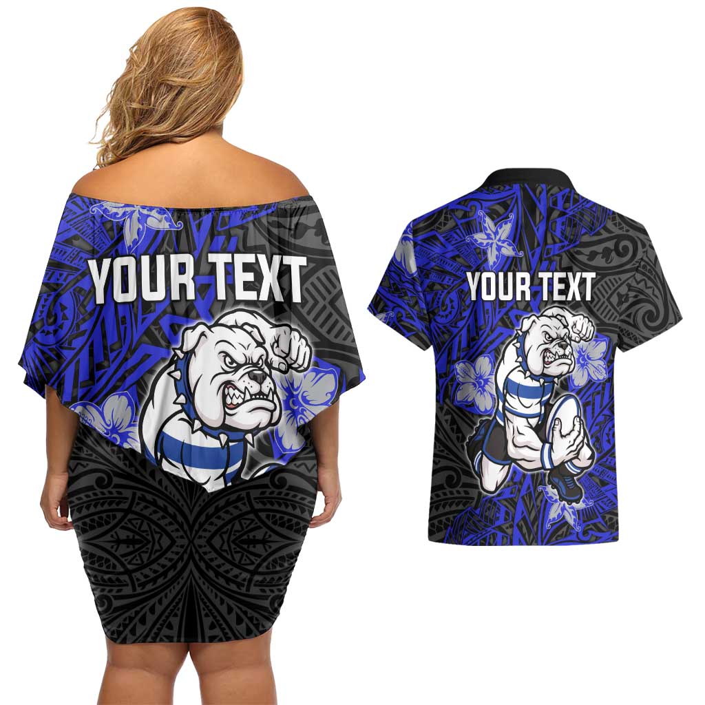 Personalised Canterbury-Bankstown Bulldogs Couples Matching Off Shoulder Short Dress and Hawaiian Shirt Polynesian Tribal Pattern With Rugby Bulldog Mascot Art