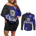 Personalised Canterbury-Bankstown Bulldogs Couples Matching Off Shoulder Short Dress and Long Sleeve Button Shirt Polynesian Tribal Pattern With Rugby Bulldog Mascot Art