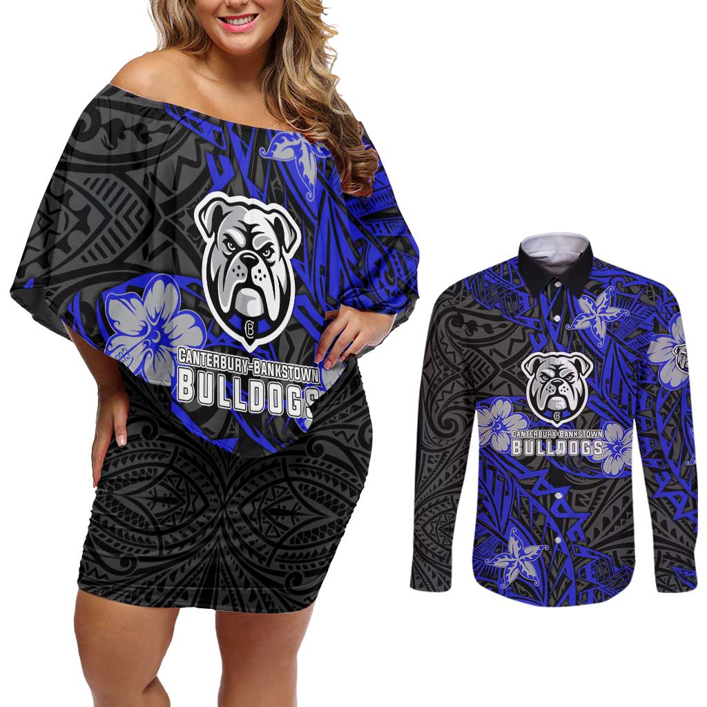 Personalised Canterbury-Bankstown Bulldogs Couples Matching Off Shoulder Short Dress and Long Sleeve Button Shirt Polynesian Tribal Pattern With Rugby Bulldog Mascot Art