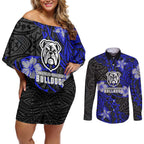 Personalised Canterbury-Bankstown Bulldogs Couples Matching Off Shoulder Short Dress and Long Sleeve Button Shirt Polynesian Tribal Pattern With Rugby Bulldog Mascot Art