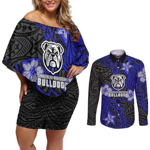 Personalised Canterbury-Bankstown Bulldogs Couples Matching Off Shoulder Short Dress and Long Sleeve Button Shirt Polynesian Tribal Pattern With Rugby Bulldog Mascot Art