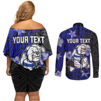 Personalised Canterbury-Bankstown Bulldogs Couples Matching Off Shoulder Short Dress and Long Sleeve Button Shirt Polynesian Tribal Pattern With Rugby Bulldog Mascot Art