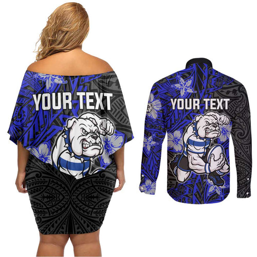 Personalised Canterbury-Bankstown Bulldogs Couples Matching Off Shoulder Short Dress and Long Sleeve Button Shirt Polynesian Tribal Pattern With Rugby Bulldog Mascot Art