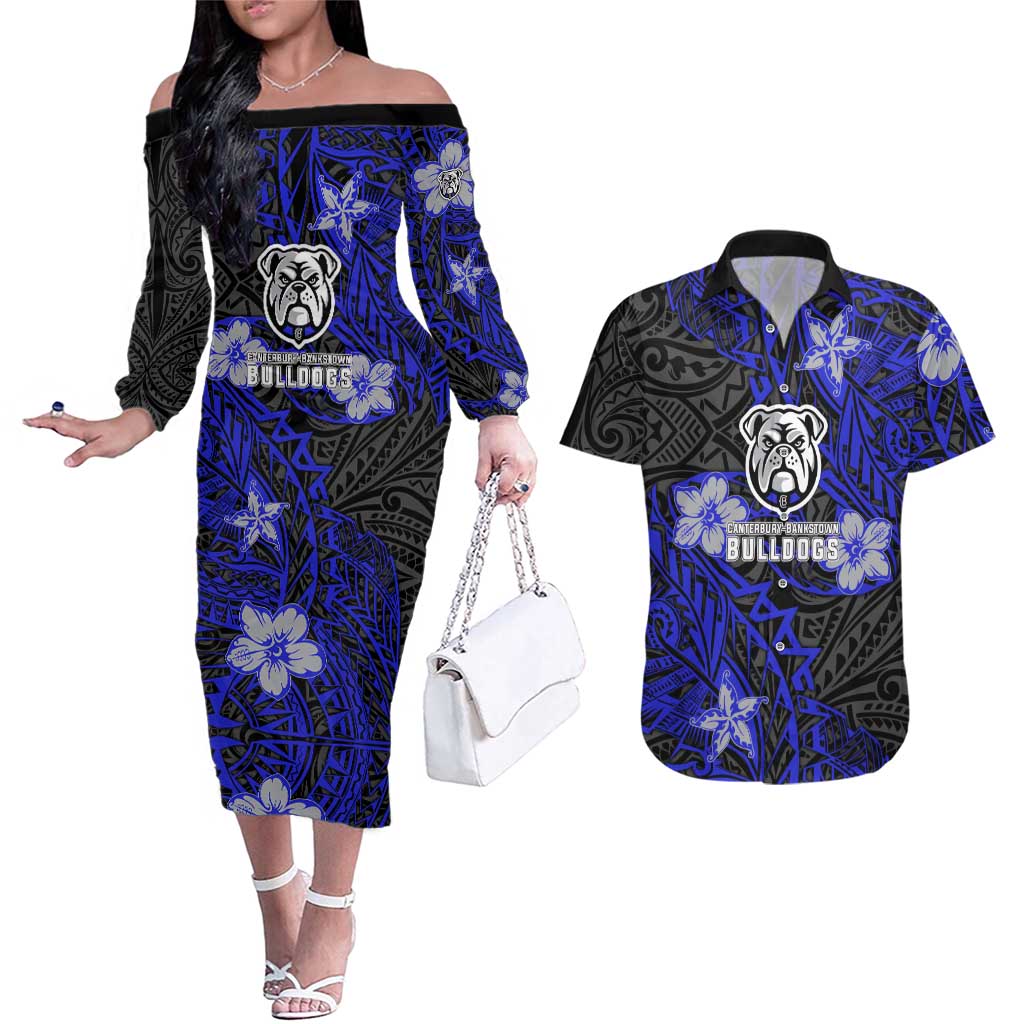 Personalised Canterbury-Bankstown Bulldogs Couples Matching Off The Shoulder Long Sleeve Dress and Hawaiian Shirt Polynesian Tribal Pattern With Rugby Bulldog Mascot Art