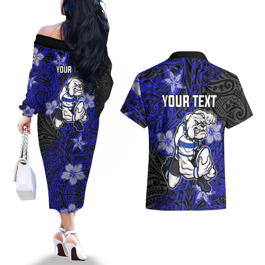 Personalised Canterbury-Bankstown Bulldogs Couples Matching Off The Shoulder Long Sleeve Dress and Hawaiian Shirt Polynesian Tribal Pattern With Rugby Bulldog Mascot Art