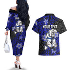 Personalised Canterbury-Bankstown Bulldogs Couples Matching Off The Shoulder Long Sleeve Dress and Hawaiian Shirt Polynesian Tribal Pattern With Rugby Bulldog Mascot Art
