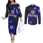 Personalised Canterbury-Bankstown Bulldogs Couples Matching Off The Shoulder Long Sleeve Dress and Long Sleeve Button Shirt Polynesian Tribal Pattern With Rugby Bulldog Mascot Art