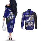 Personalised Canterbury-Bankstown Bulldogs Couples Matching Off The Shoulder Long Sleeve Dress and Long Sleeve Button Shirt Polynesian Tribal Pattern With Rugby Bulldog Mascot Art
