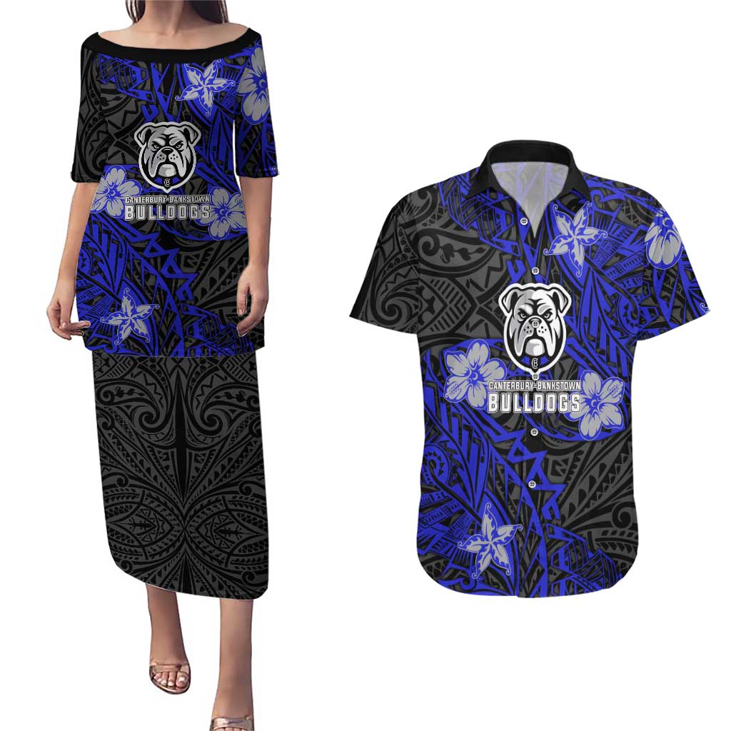Personalised Canterbury-Bankstown Bulldogs Couples Matching Puletasi and Hawaiian Shirt Polynesian Tribal Pattern With Rugby Bulldog Mascot Art