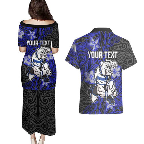 Personalised Canterbury-Bankstown Bulldogs Couples Matching Puletasi and Hawaiian Shirt Polynesian Tribal Pattern With Rugby Bulldog Mascot Art