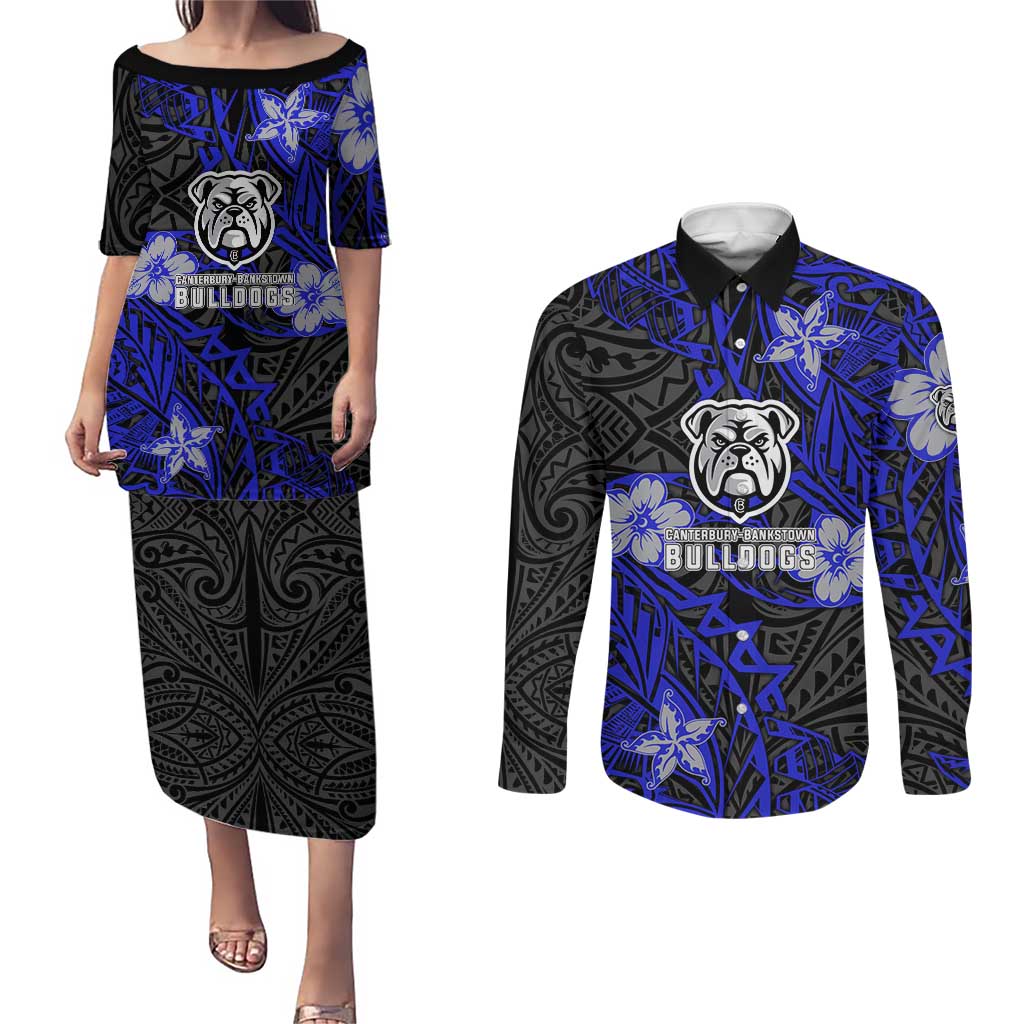 Personalised Canterbury-Bankstown Bulldogs Couples Matching Puletasi and Long Sleeve Button Shirt Polynesian Tribal Pattern With Rugby Bulldog Mascot Art