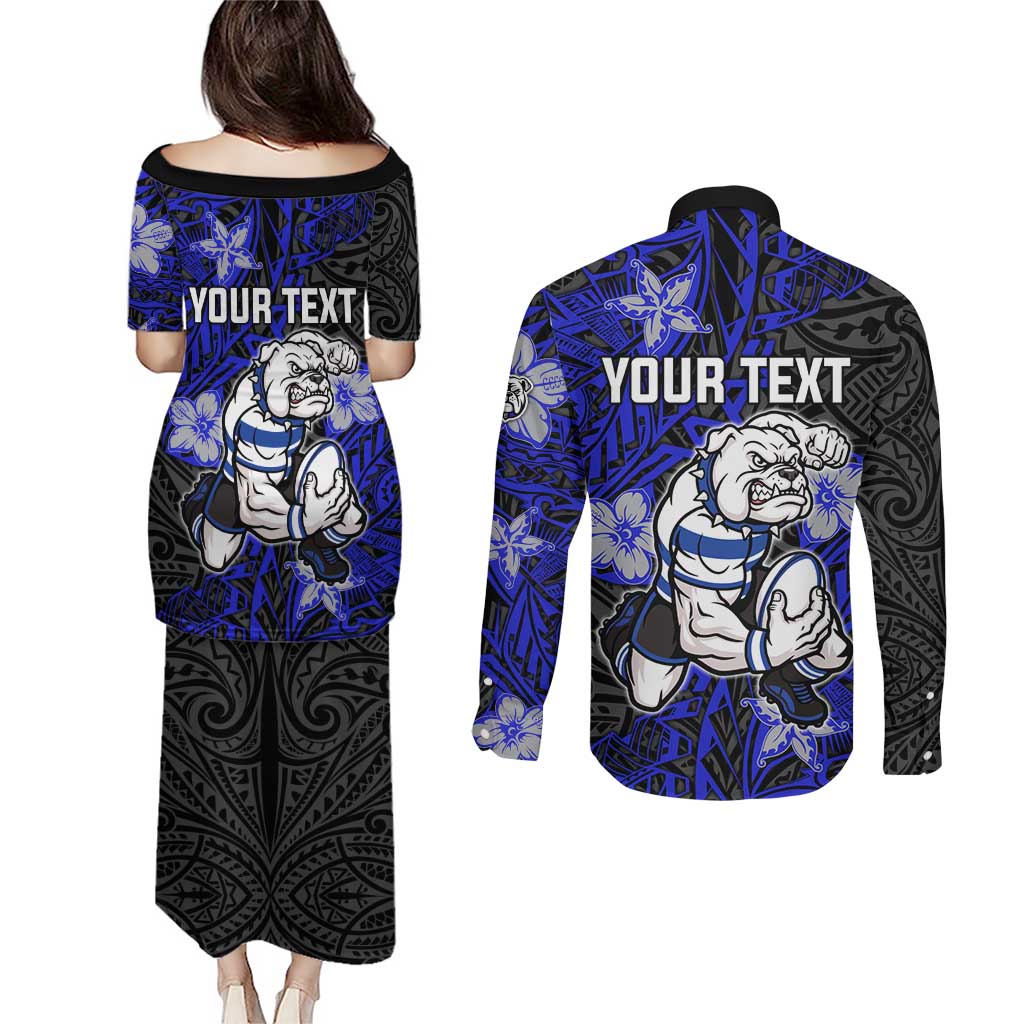 Personalised Canterbury-Bankstown Bulldogs Couples Matching Puletasi and Long Sleeve Button Shirt Polynesian Tribal Pattern With Rugby Bulldog Mascot Art