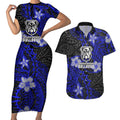 Personalised Canterbury-Bankstown Bulldogs Couples Matching Short Sleeve Bodycon Dress and Hawaiian Shirt Polynesian Tribal Pattern With Rugby Bulldog Mascot Art