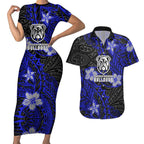 Personalised Canterbury-Bankstown Bulldogs Couples Matching Short Sleeve Bodycon Dress and Hawaiian Shirt Polynesian Tribal Pattern With Rugby Bulldog Mascot Art