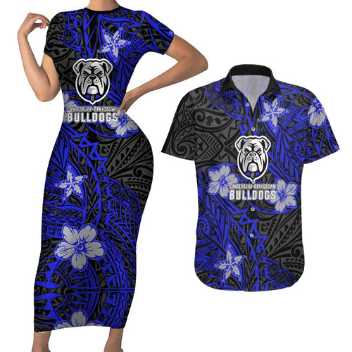 Personalised Canterbury-Bankstown Bulldogs Couples Matching Short Sleeve Bodycon Dress and Hawaiian Shirt Polynesian Tribal Pattern With Rugby Bulldog Mascot Art