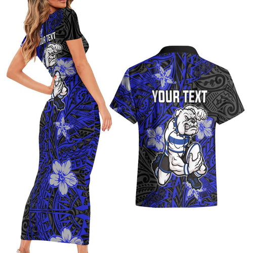 Personalised Canterbury-Bankstown Bulldogs Couples Matching Short Sleeve Bodycon Dress and Hawaiian Shirt Polynesian Tribal Pattern With Rugby Bulldog Mascot Art