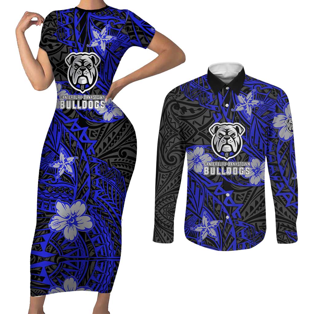 Personalised Canterbury-Bankstown Bulldogs Couples Matching Short Sleeve Bodycon Dress and Long Sleeve Button Shirt Polynesian Tribal Pattern With Rugby Bulldog Mascot Art