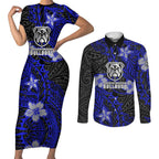 Personalised Canterbury-Bankstown Bulldogs Couples Matching Short Sleeve Bodycon Dress and Long Sleeve Button Shirt Polynesian Tribal Pattern With Rugby Bulldog Mascot Art