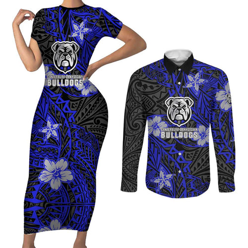 Personalised Canterbury-Bankstown Bulldogs Couples Matching Short Sleeve Bodycon Dress and Long Sleeve Button Shirt Polynesian Tribal Pattern With Rugby Bulldog Mascot Art