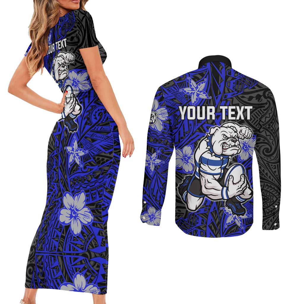 Personalised Canterbury-Bankstown Bulldogs Couples Matching Short Sleeve Bodycon Dress and Long Sleeve Button Shirt Polynesian Tribal Pattern With Rugby Bulldog Mascot Art